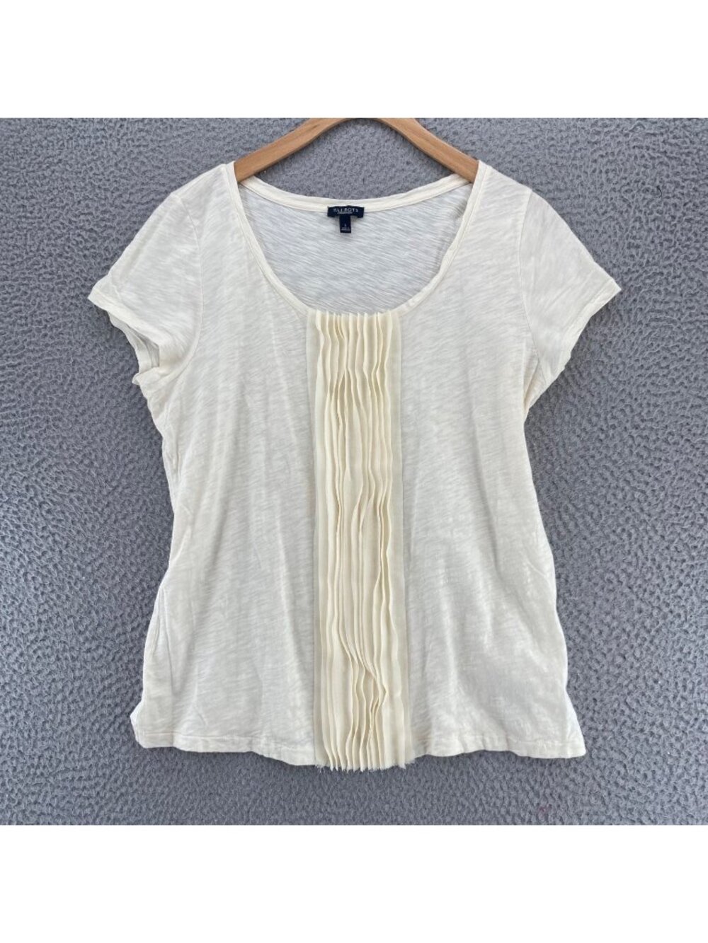 Talbots Top Womens Large Ivory Cotton Tee Pleated Front Stretch Knit Scoop Neck